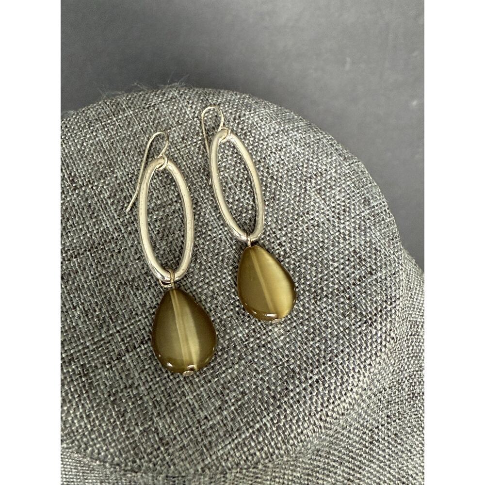 Womens Silver Tone Dangle Drop Earrings Green Bead Pierced Hook Career Boho